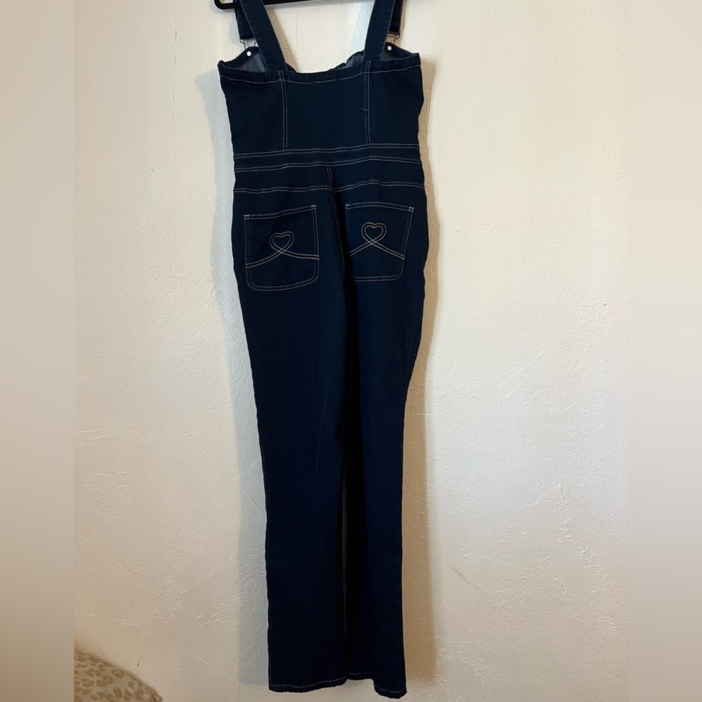 Collectif Dark Blue Denim Fitted Jeans Overalls - Picture 6 of 9